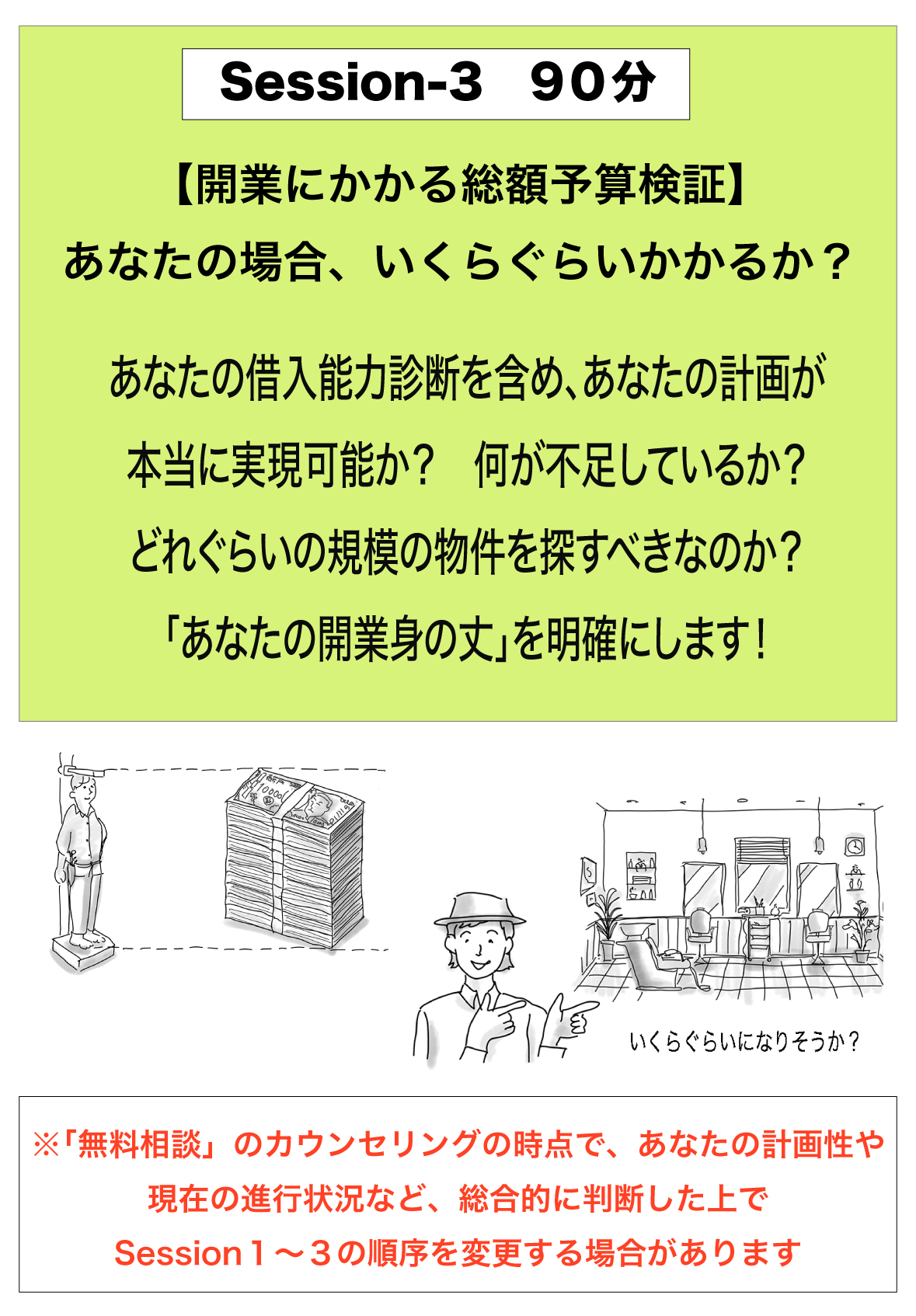 Session-3｜90分｜開業にかかる総額予算検証|あなたの場合は開業にいくらぐらいかかるか？、あなたの借入能力診断を含め、あなたの計画が本当に実現可能か？何が不足しているか？どれぐらいの規模の物件を探すべきなのか？「あなたの開業身の丈」を明確にします！※「無料相談」のカウンセリングの時点で、あなたの計画性や現在の進行状況など、総合的に判断した上でSession１〜３の順序を変更する場合があります
